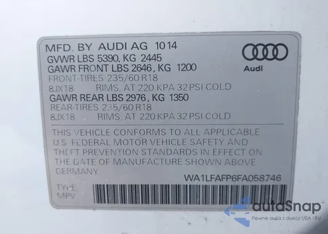 2015 Audi Q5 2.0T Premium z USA, uszkodzony, nr VIN WA1LFAFP6FA058746